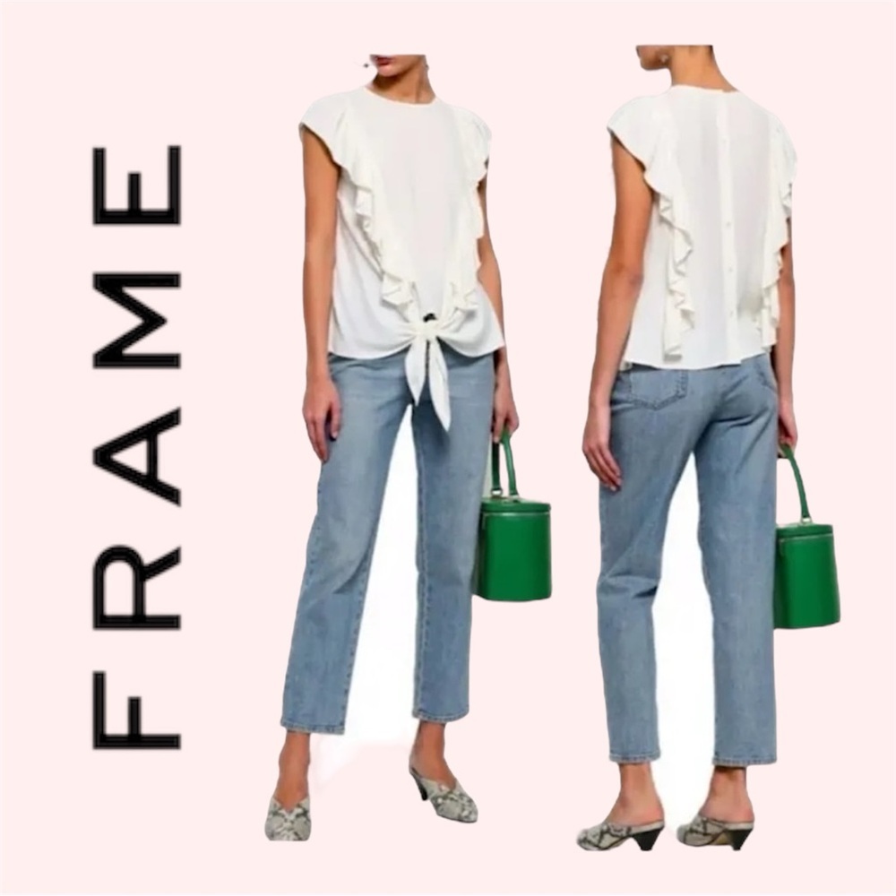 Frame Flutter Ruffled Tie Front Button Back Top I… - image 2